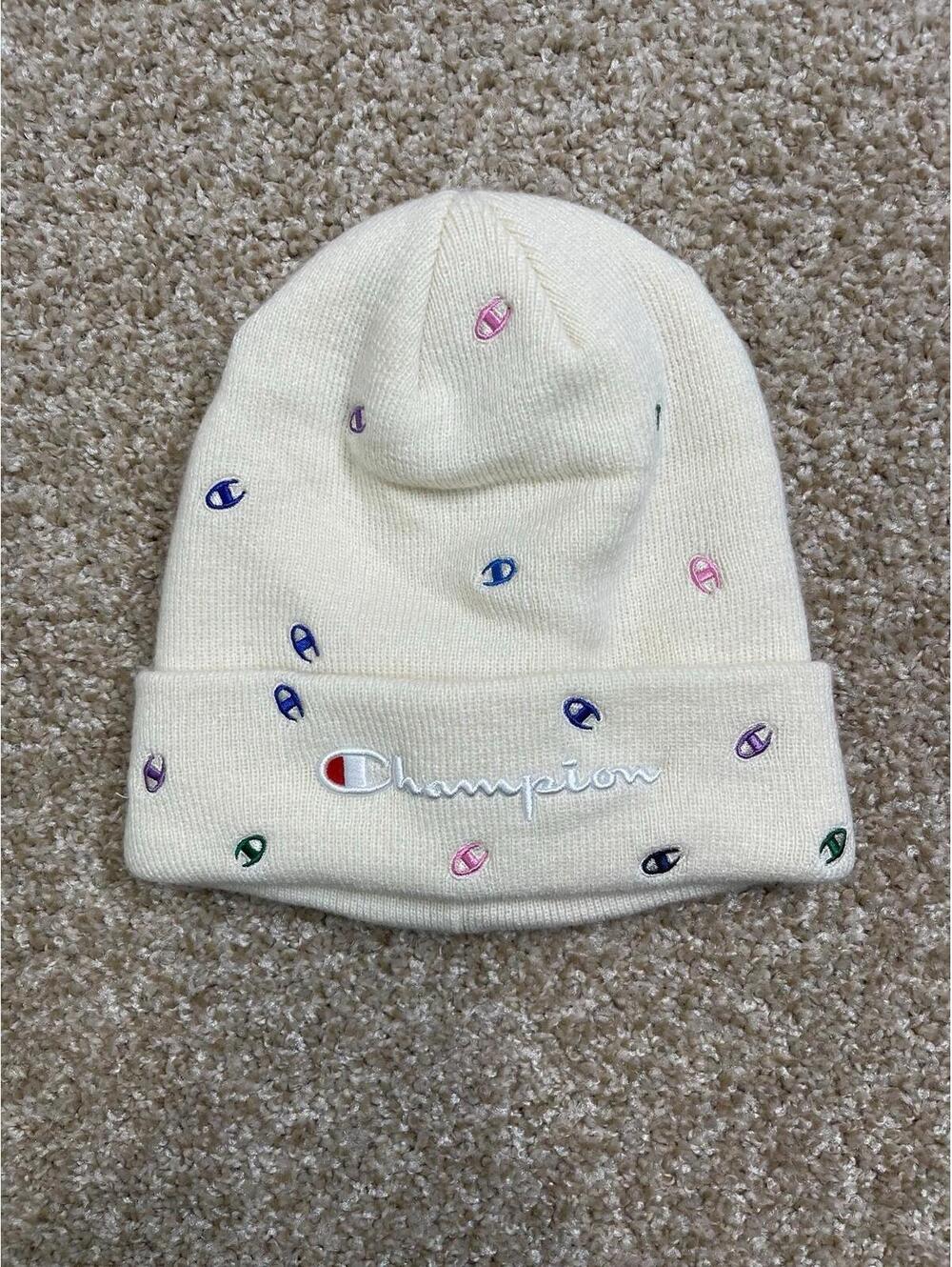 Champion Beanie Hat Women One Size Cream White All Over Logo Knit Winter Casual